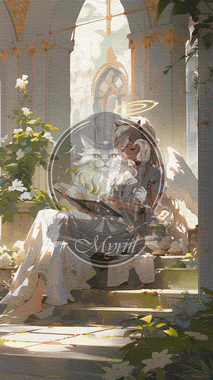 An angel reading a book