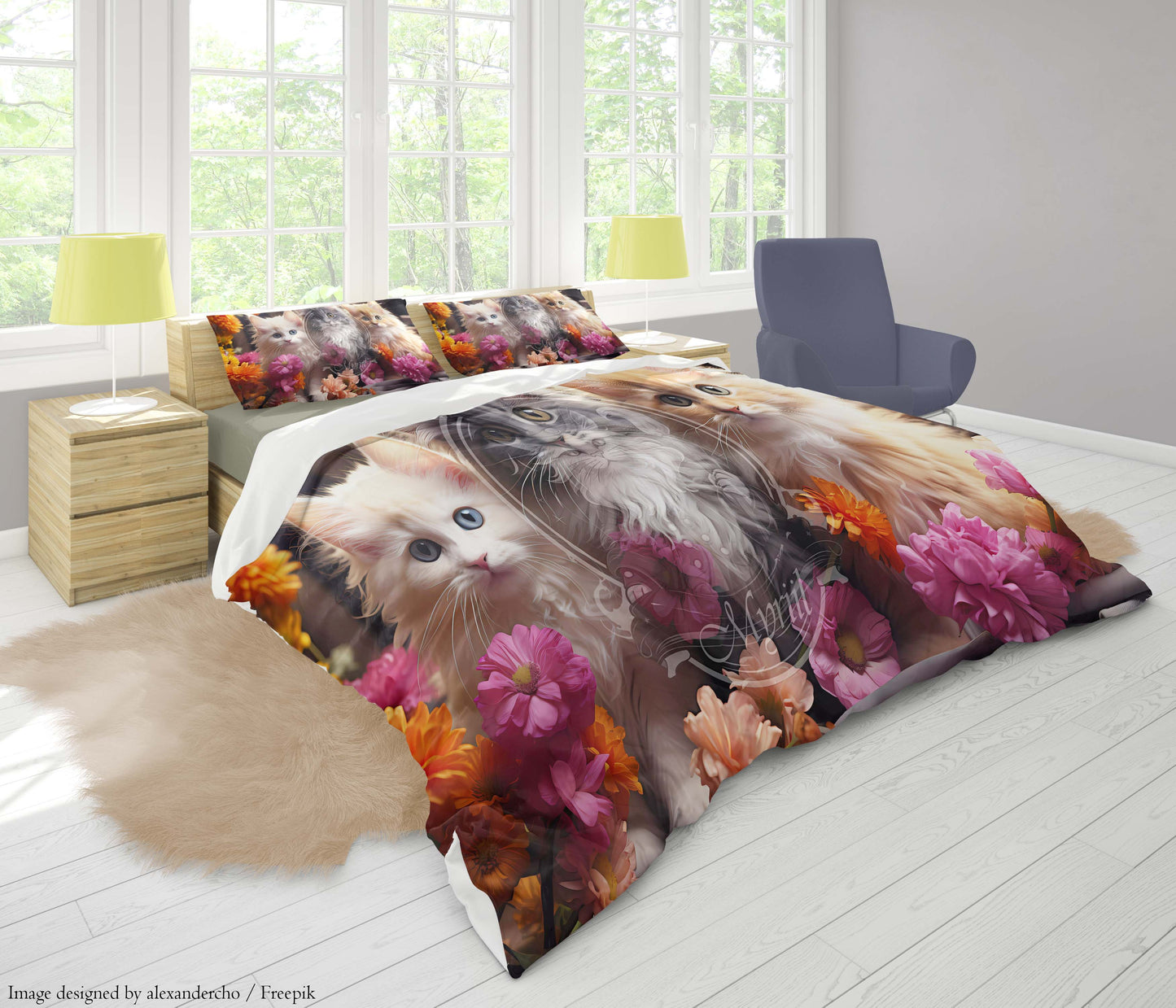 Three cats surrounded by pink flowers