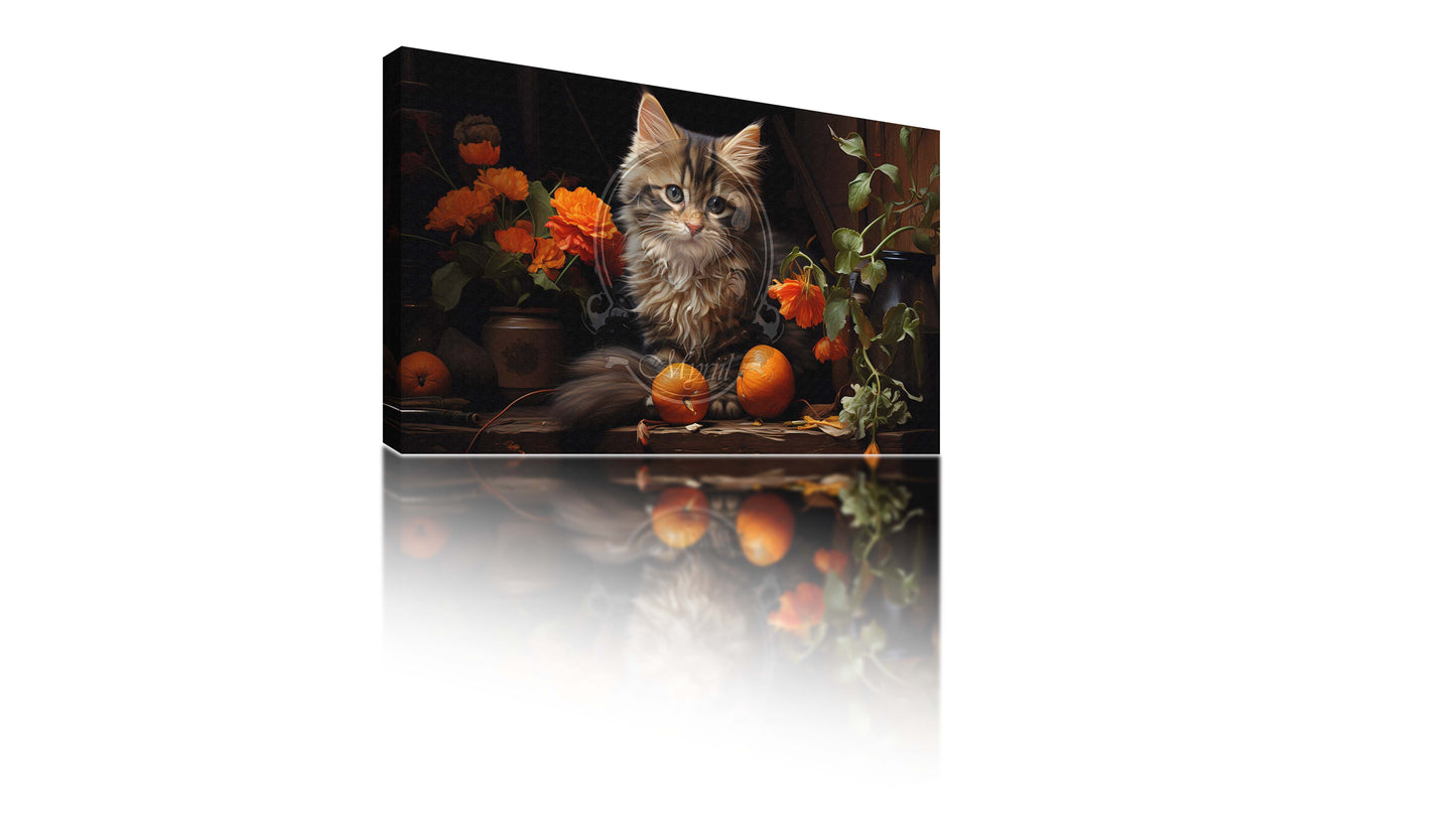 Een katje met pompoenen