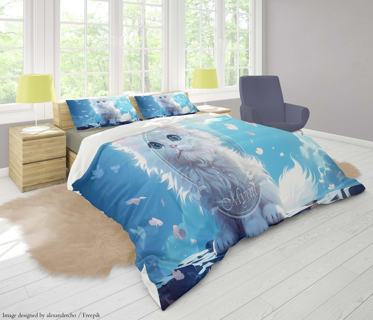 White fluffy kitten with pink blossom