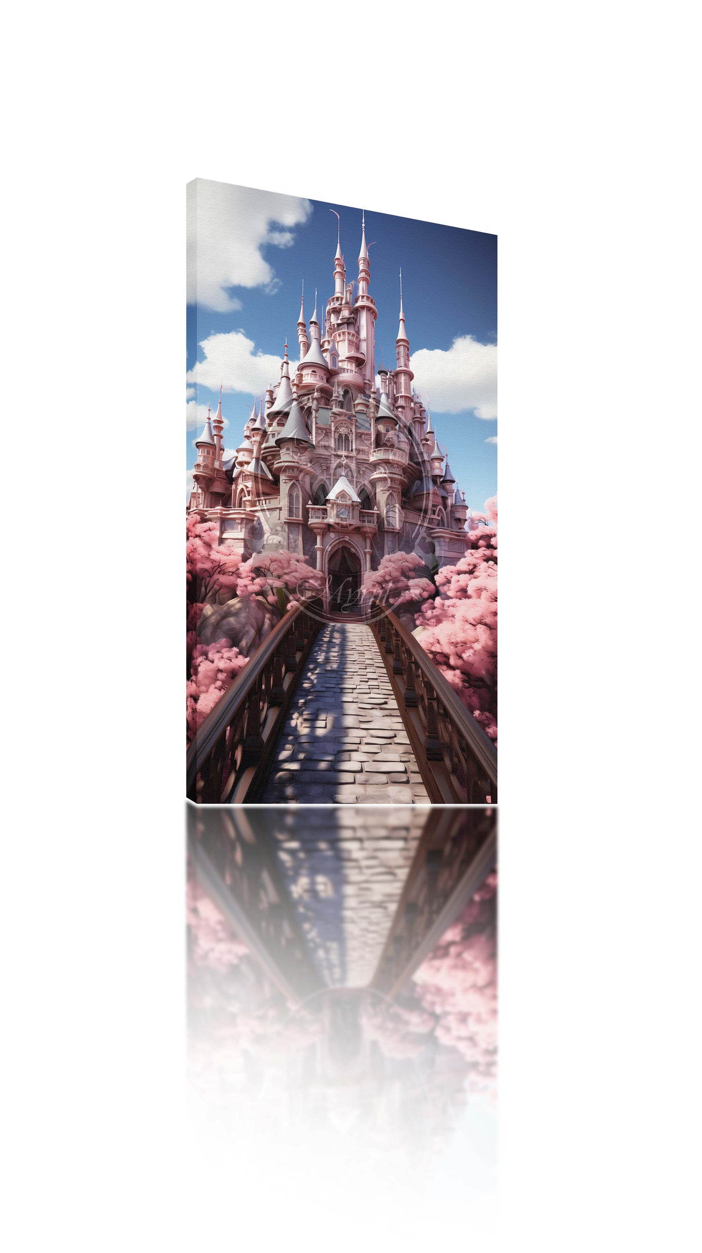 Pink castle beyond a bridge