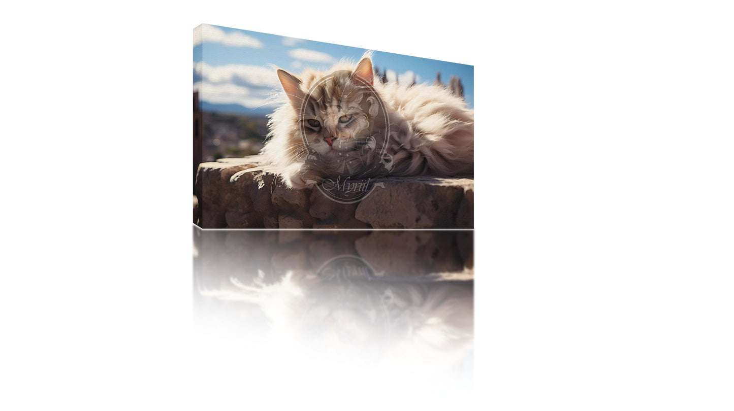 Een kat die op een muur slaapt