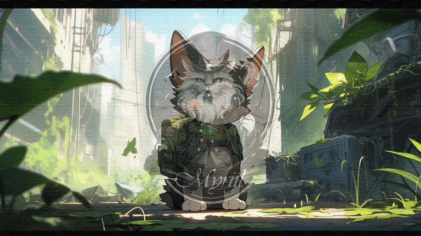 Dapper kitten in a post-apocalyptic worldl