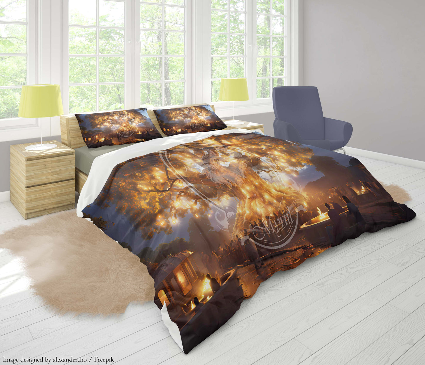 Gigantische verlichte boom op een zomeravond