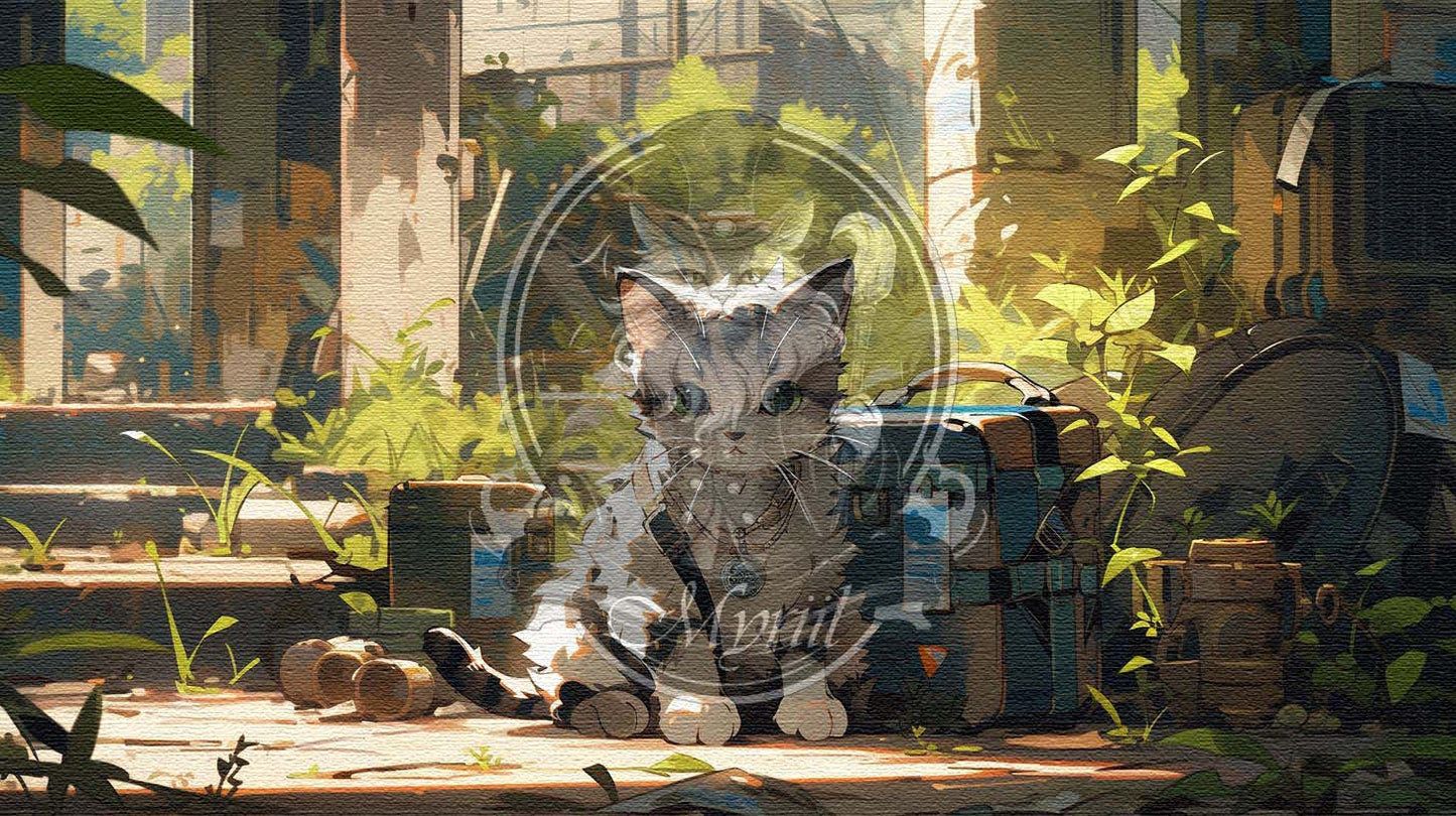 Travelling cat in a decayed city
