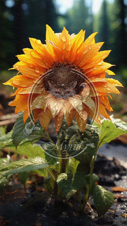 Een enkele zonnebloem na regen