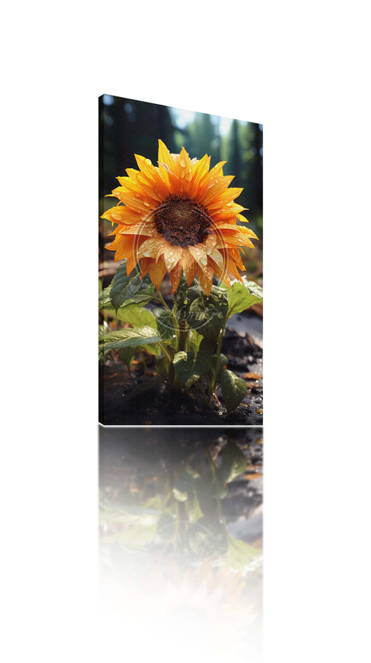 A single sunflower after rain