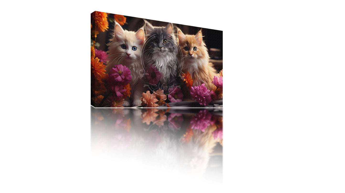 Three cats surrounded by pink flowers