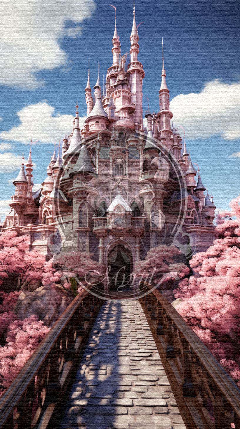 Pink castle beyond a bridge